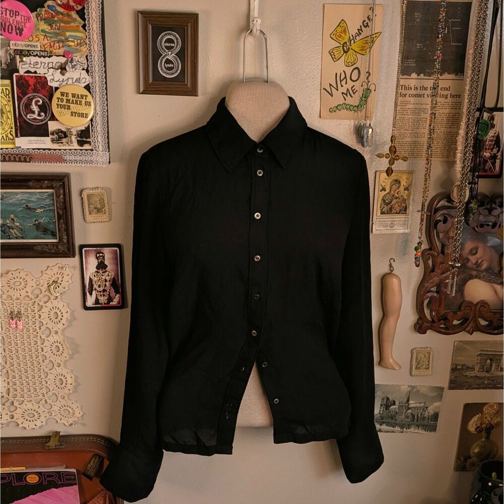 Sheer Button Down Shirt Blouse Women's 6 Small Black Collared Long Sleeve